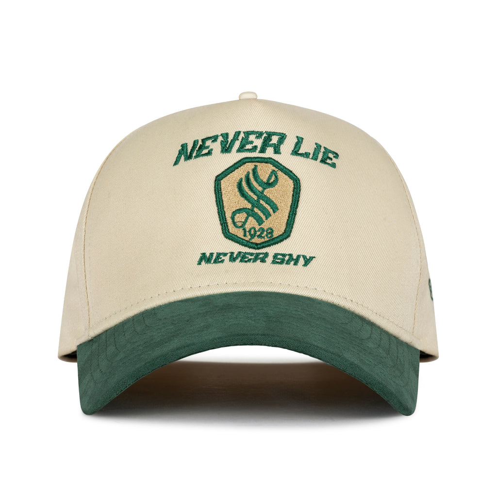 NEVER LIE NEVER SHY VINTAGE SNAPBACK CAP – GREEN & CREAM