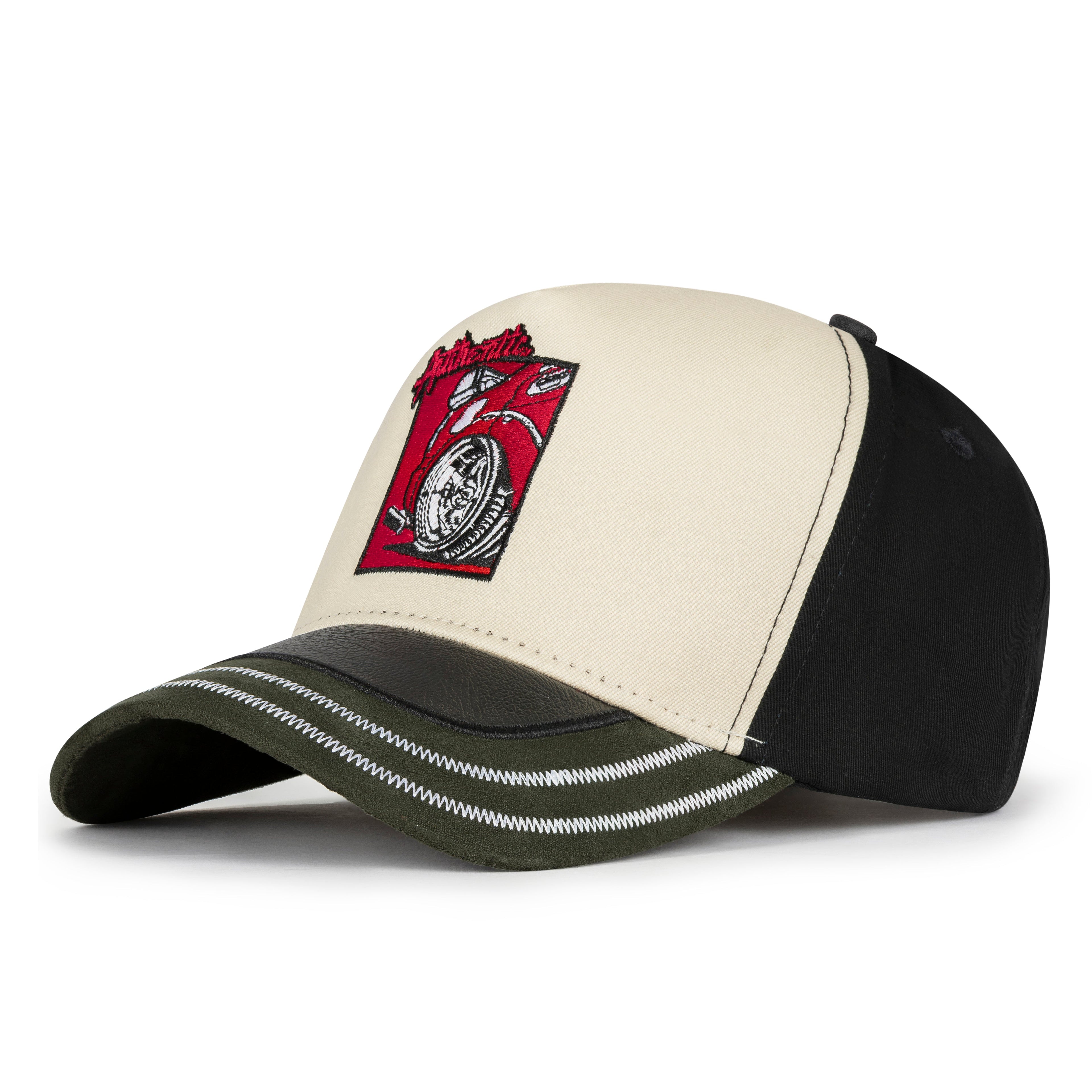 Two-tone cap with a red and black logo on a white background
