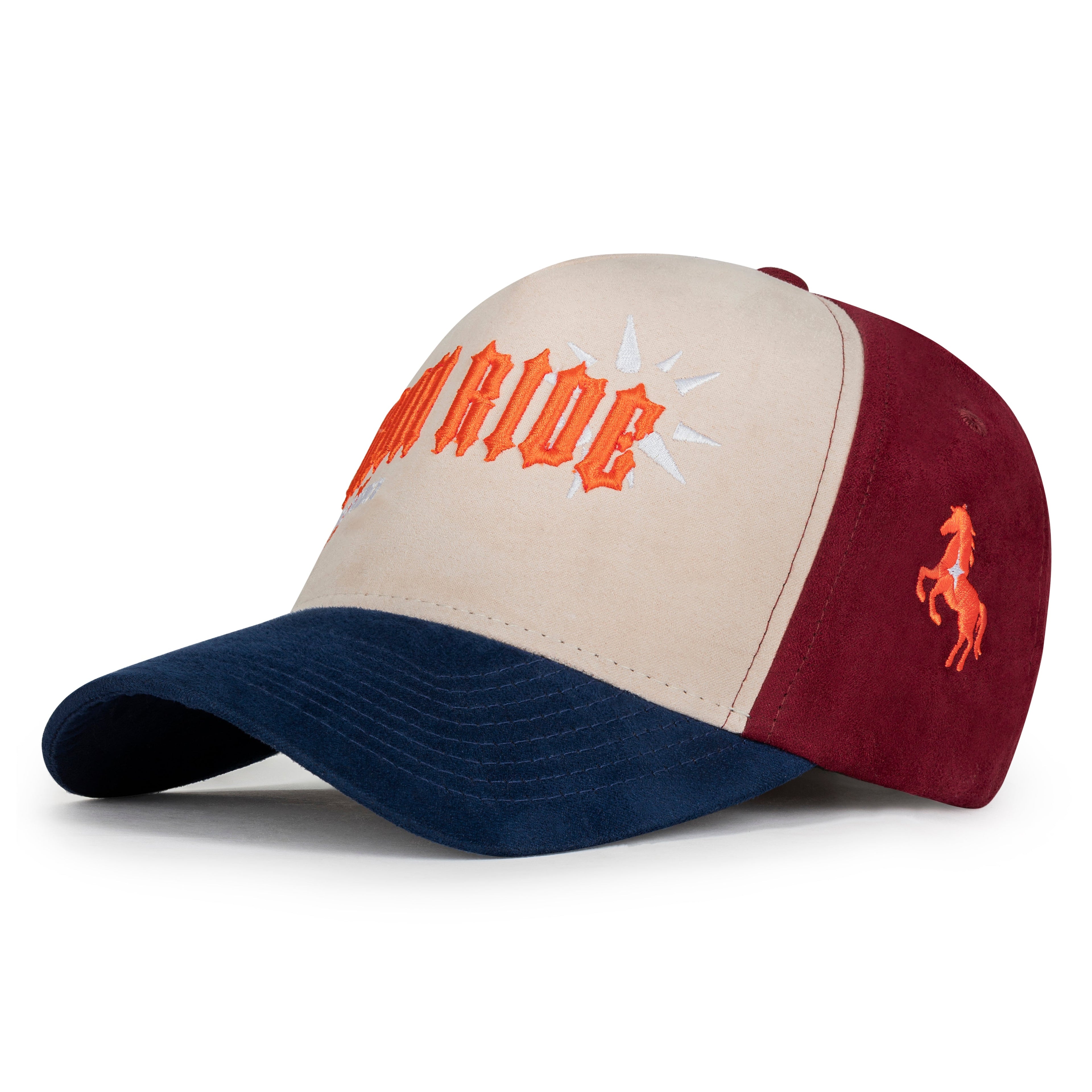 Color-blocked cap with text and logo on a white background