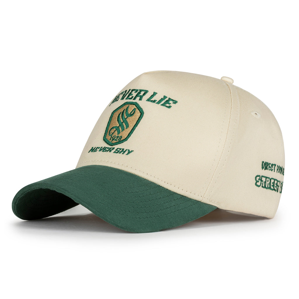Two-tone cap with green and beige colors on a white background