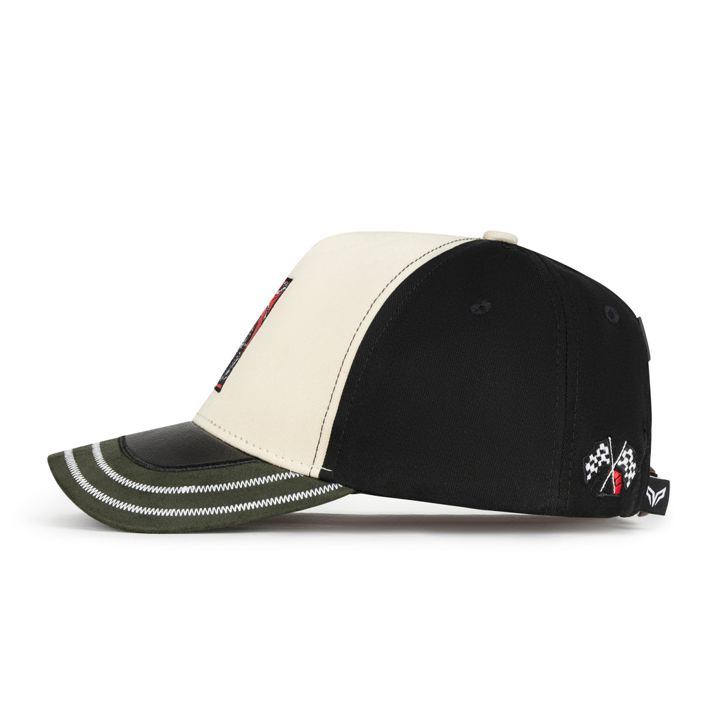 Black and white cap with racing-themed designs on a white background