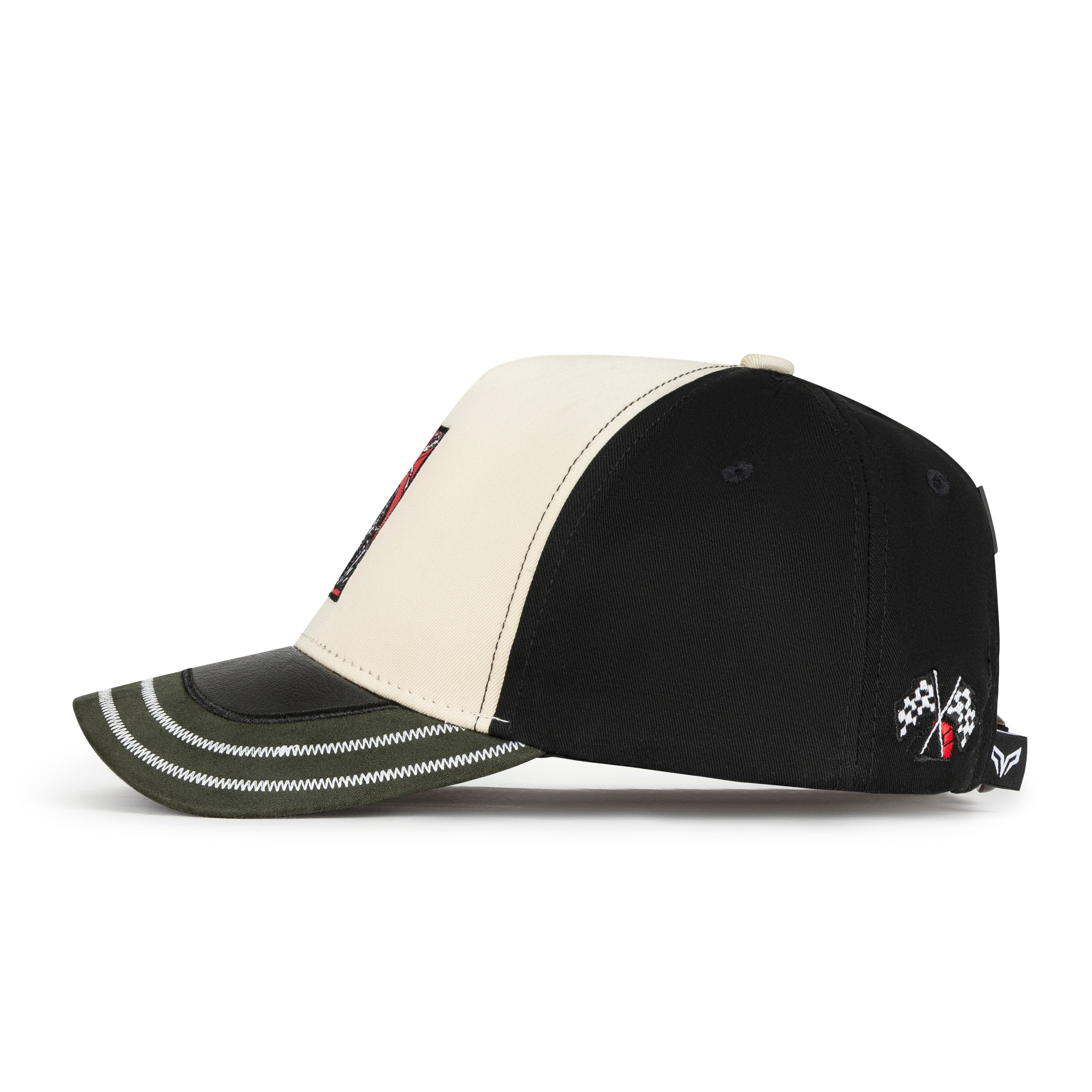 Black and white cap with racing-themed designs on a white background