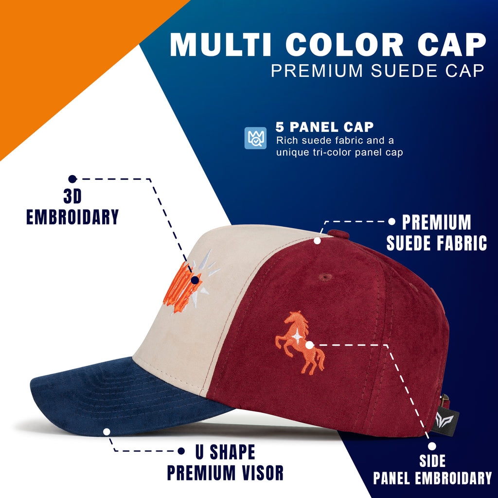 Blue maroon two-tone vintage snapback cap with horse graphic – side view