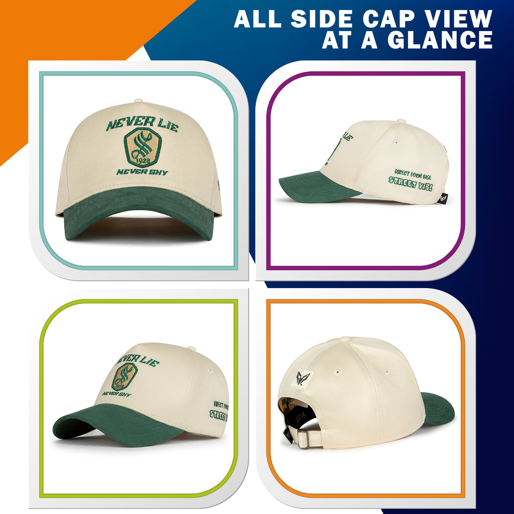 NEVER LIE NEVER SHY VINTAGE SNAPBACK CAP – GREEN & CREAM