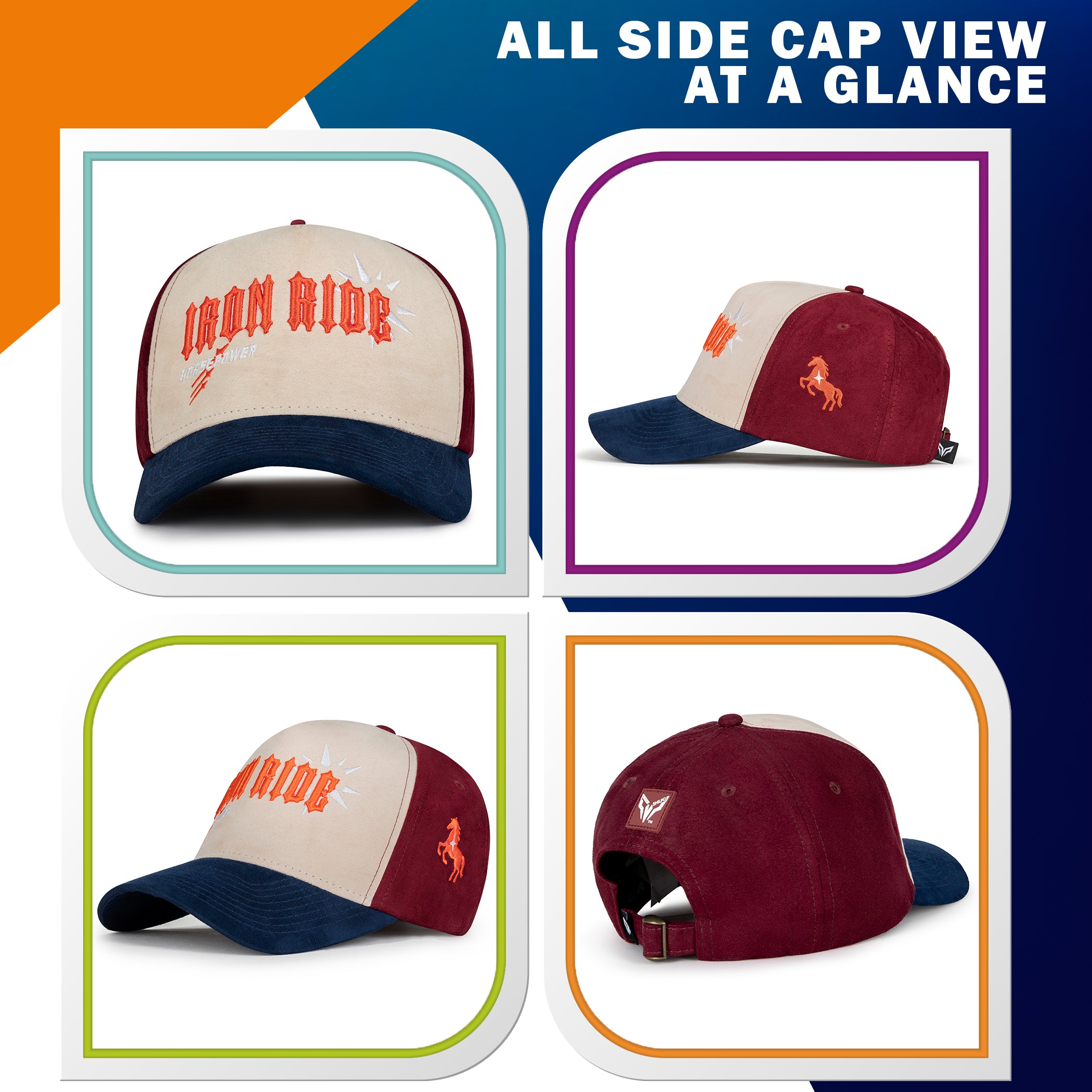 IRON RIDE HORSEPOWER VINTAGE SNAPBACK CAP – BLUE & MAROON