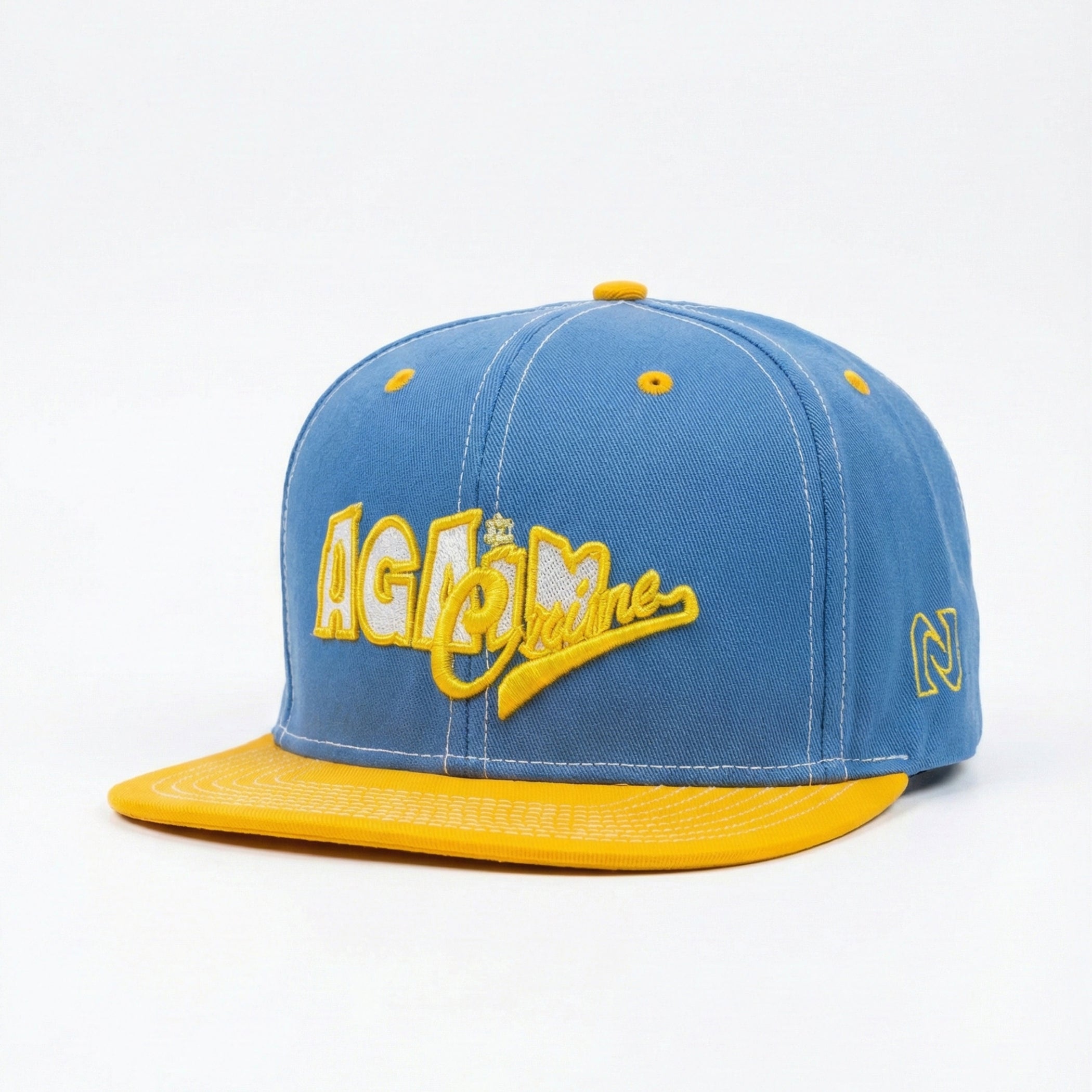 AGAIN Premium Snapback Cap – Blue & Yellow Embroidered Streetwear Hat