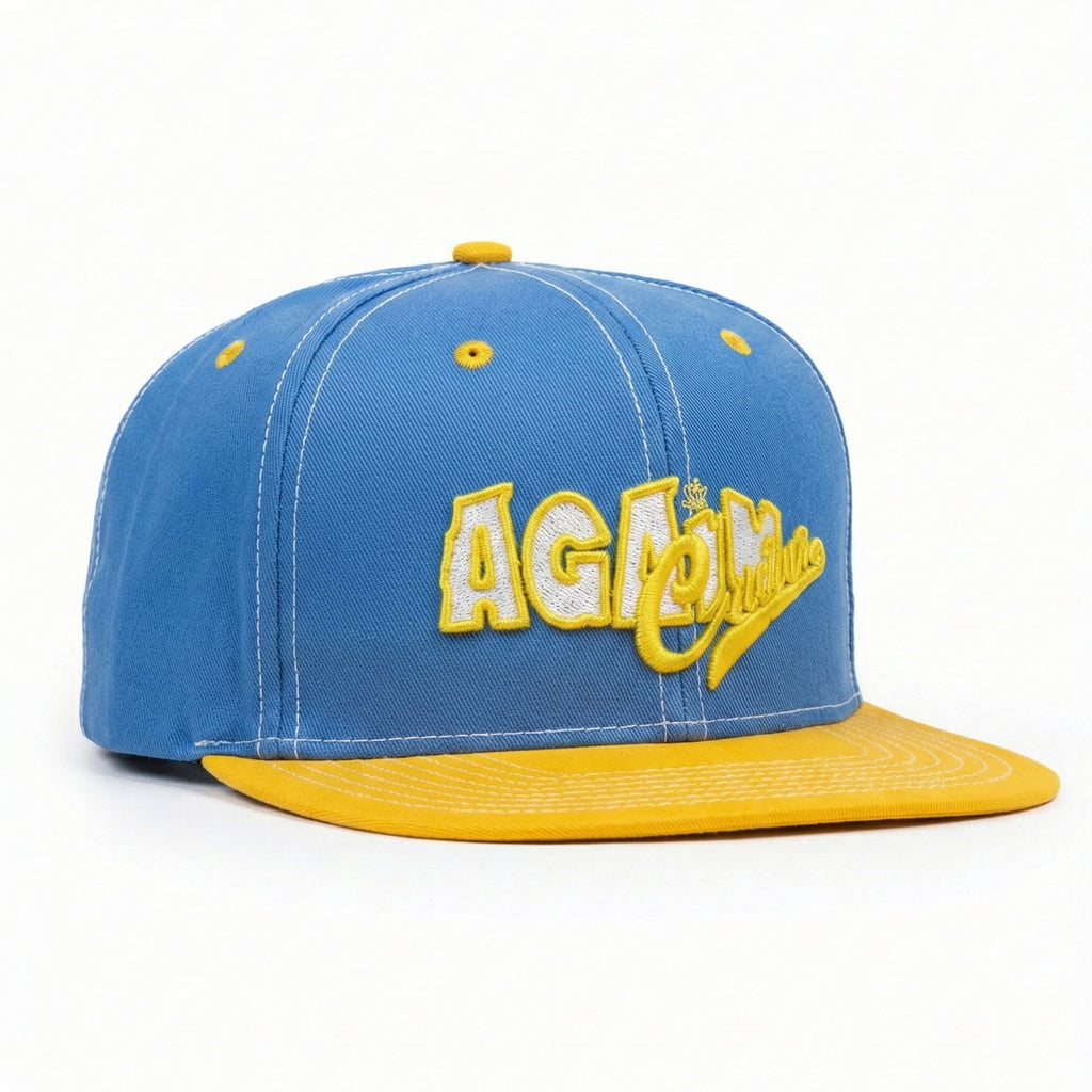 AGAIN Premium Snapback Cap – Blue & Yellow Embroidered Streetwear Hat